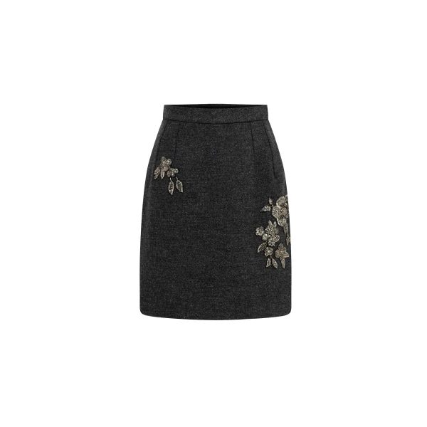 Embellished Wool Mini Skirt in Grey Melange
