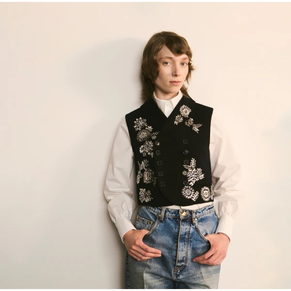 Dice Kayek Embroidered Vest with Crystal Embellishments in Navy | Vests | Luxury Shoes 