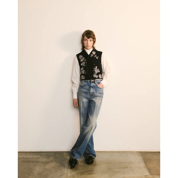 Dice Kayek Embroidered Vest with Crystal Embellishments in Navy | Vests | Luxury Shoes 