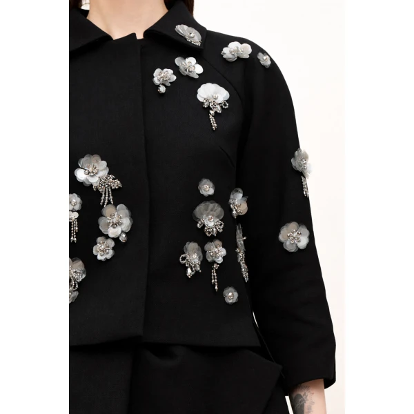 Dice Kayek Floral Embellished Cropped Jacket in Black | Jackets | Luxury Shoes 