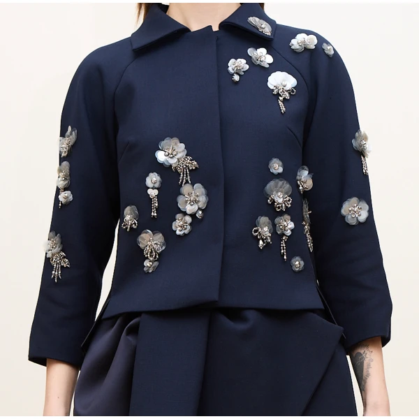 Dice Kayek Floral Embellished Cropped Jacket in Navy | Jackets | Luxury Shoes 