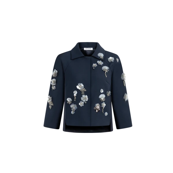 Dice Kayek Floral Embellished Cropped Jacket in Navy | Jackets | Luxury Shoes 
