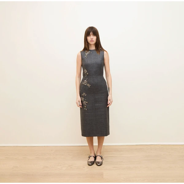 Dice Kayek Floral Embellished Wool Midi Dress in Grey Melange | Midi Dresses | Luxury Shoes 