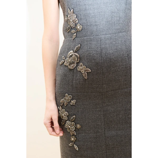 Dice Kayek Floral Embellished Wool Midi Dress in Grey Melange | Midi Dresses | Luxury Shoes 