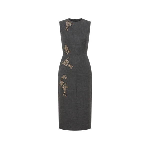 Floral Embellished Wool Midi Dress in Grey Melange