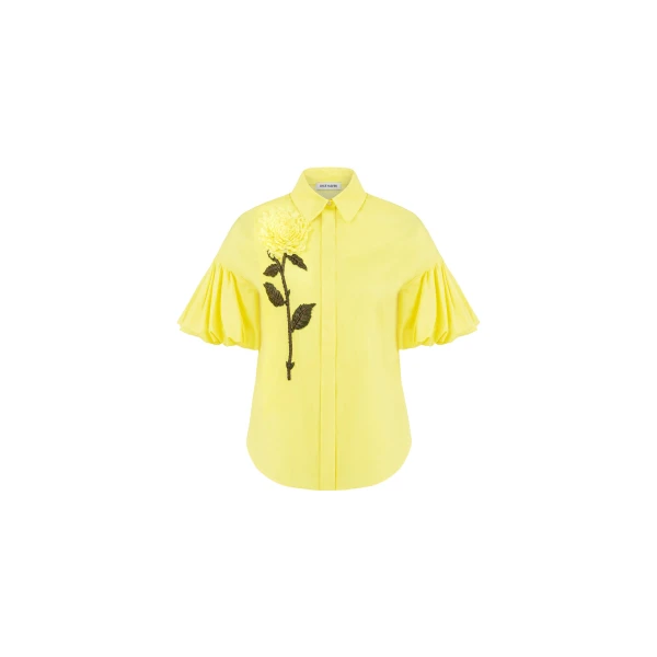 Floral Embroidered Cotton Poplin Shirt in Yellow