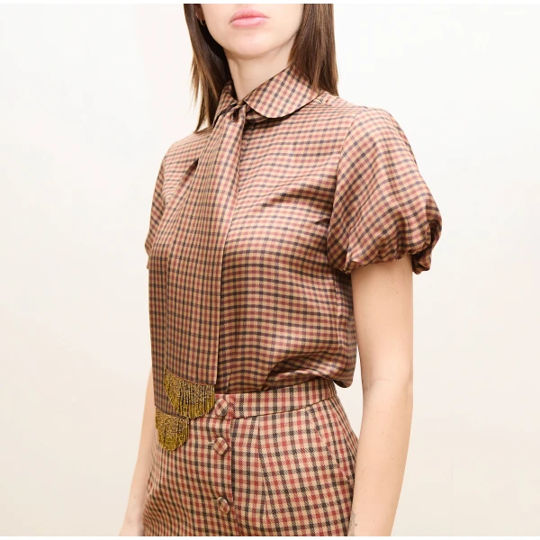 Dice Kayek Gingham Silk Blouse with Fringed Neck Tie in Beige Vichy | Blouse | Luxury Shoes 
