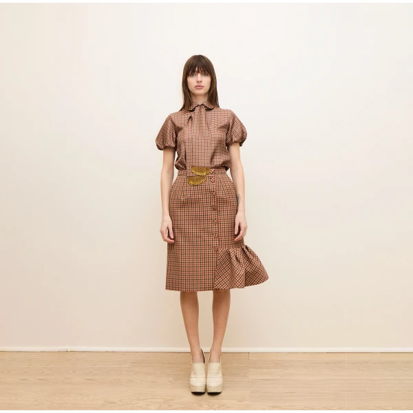 Dice Kayek Gingham Silk Blouse with Fringed Neck Tie in Beige Vichy | Blouse | Luxury Shoes 