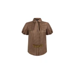 Dice Kayek Gingham Silk Blouse with Fringed Neck Tie in Beige Vichy | Blouse | Luxury Shoes 