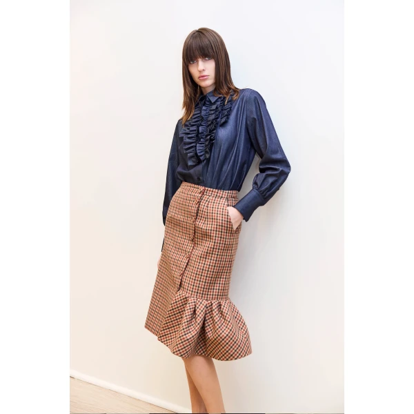 Dice Kayek Gingham Wool Midi Skirt in Beige Vichy | Midi Skirts | Luxury Shoes 