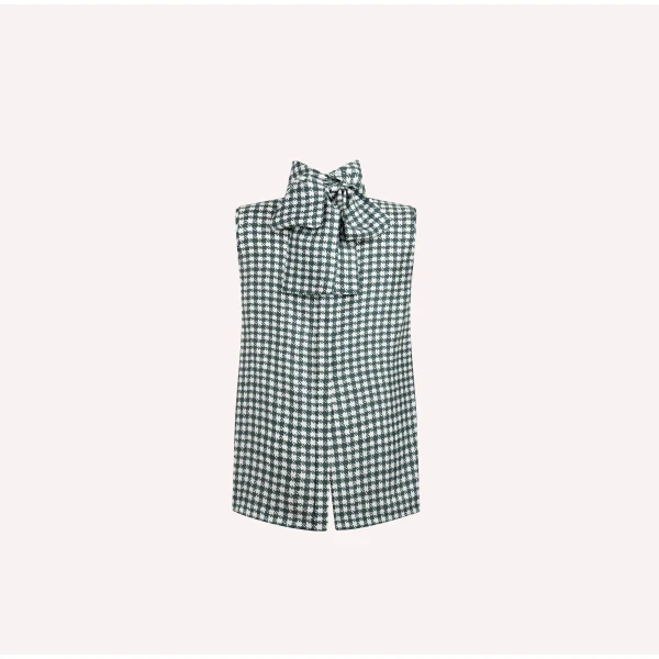Dice Kayek Green Houndstooth Sleeveless High-Neck Silk Shirt | Sleeveless | Luxury Shoes 