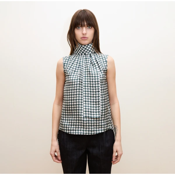 Dice Kayek Green Houndstooth Sleeveless High-Neck Silk Shirt | Sleeveless | Luxury Shoes 