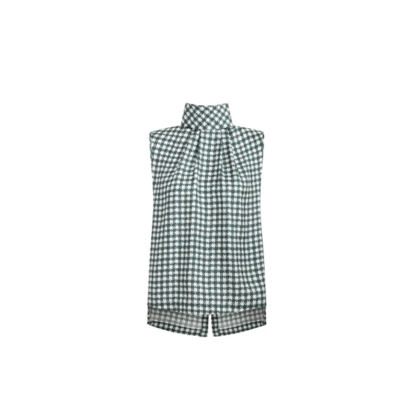 Green Houndstooth Sleeveless High-Neck Silk Shirt