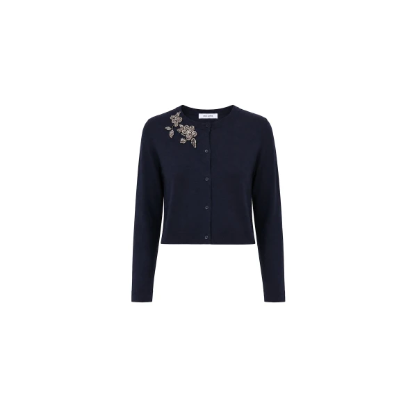 Navy Crystal-Embellished Wool Cardigan