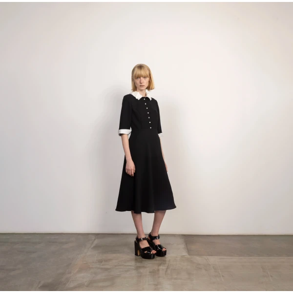 Dice Kayek Pearl Button Black Midi Dress with Embroidered Collar | Midi Dresses | Luxury Shoes 