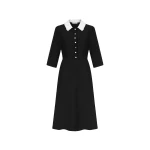 Dice Kayek Pearl Button Black Midi Dress with Embroidered Collar | Midi Dresses | Luxury Shoes 