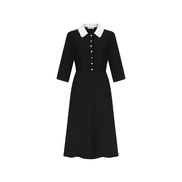 Pearl Button Black Midi Dress with Embroidered Collar
