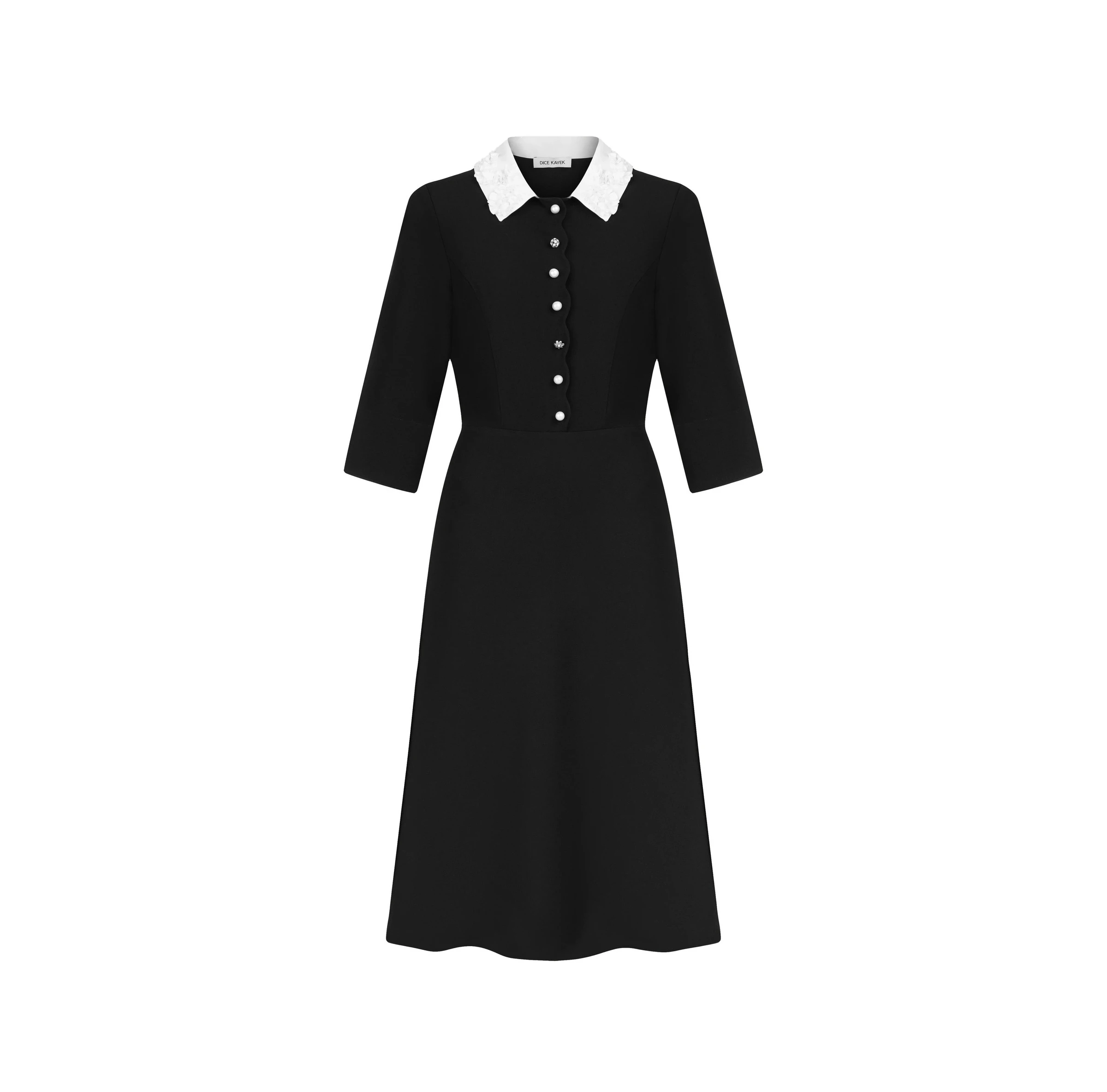 Dice Kayek Pearl Button Black Midi Dress with Embroidered Collar Dice Kayek Pearl Button Black Midi Dress with Embroidered Collar | Midi Dresses | Luxury Shoes