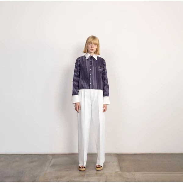 Dice Kayek Pinstriped Cotton Shirt with Detachable Collar in Navy | Shirts | Luxury Shoes 