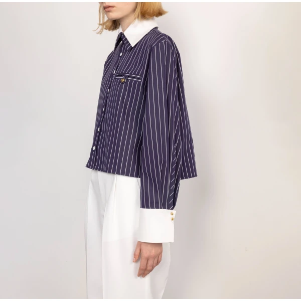 Dice Kayek Pinstriped Cotton Shirt with Detachable Collar in Navy | Shirts | Luxury Shoes 