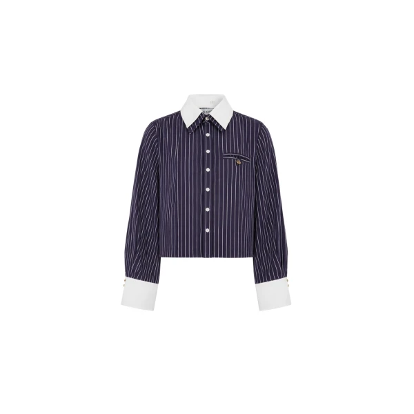 Pinstriped Cotton Shirt with Detachable Collar in Navy