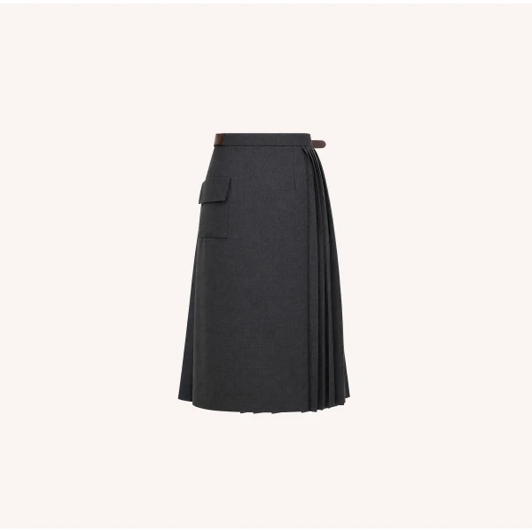 Dice Kayek Pleated Wool Midi Skirt Belt Detail in Anthracite | Pleated Skirts | Luxury Shoes 