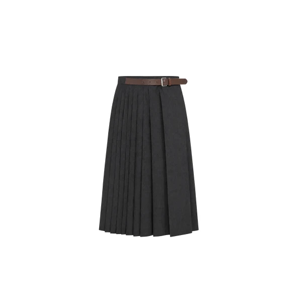 Dice Kayek Pleated Wool Midi Skirt Belt Detail in Anthracite | Pleated Skirts | Luxury Shoes 