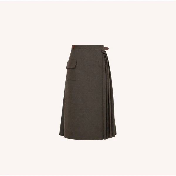 Dice Kayek Pleated Wool Midi Skirt Belt Detail in Brown | Pleated Skirts | Luxury Shoes 