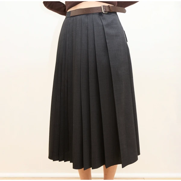 Dice Kayek Pleated Wool Midi Skirt Belt Detail in Brown | Pleated Skirts | Luxury Shoes 