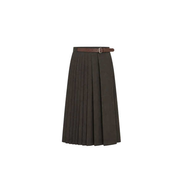 Dice Kayek Pleated Wool Midi Skirt Belt Detail in Brown | Pleated Skirts | Luxury Shoes 