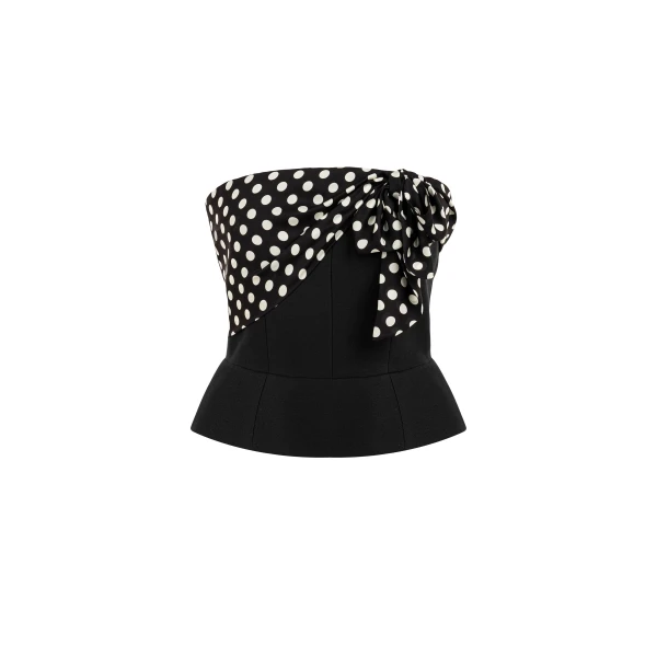 Polka Dot Bow Detail Strapless Bustier Top in Black