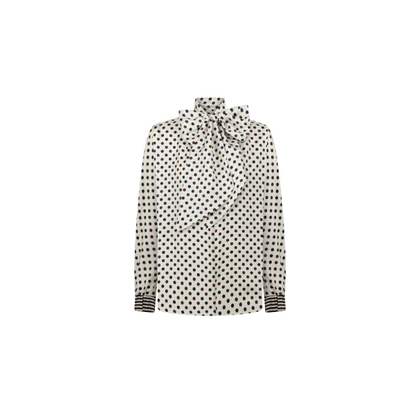 Polka-Dot Silk Blouse with Bow Tie in Black and White Dots