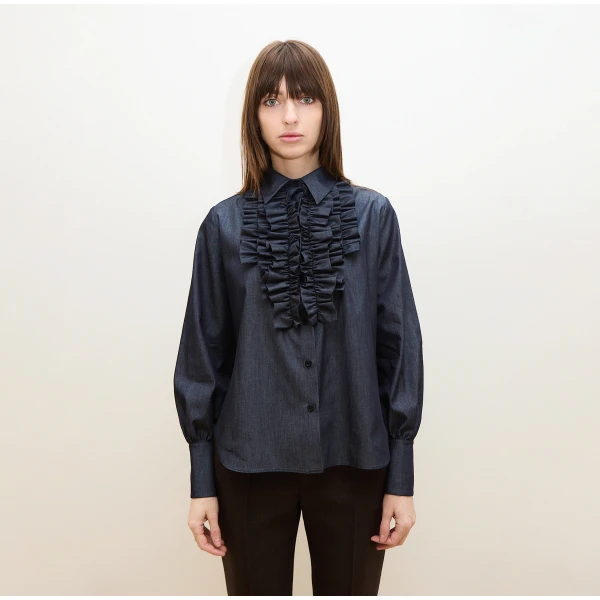 Dice Kayek Ruffle-Trim Chambray Shirt in Indigo | Shirts | Luxury Shoes 