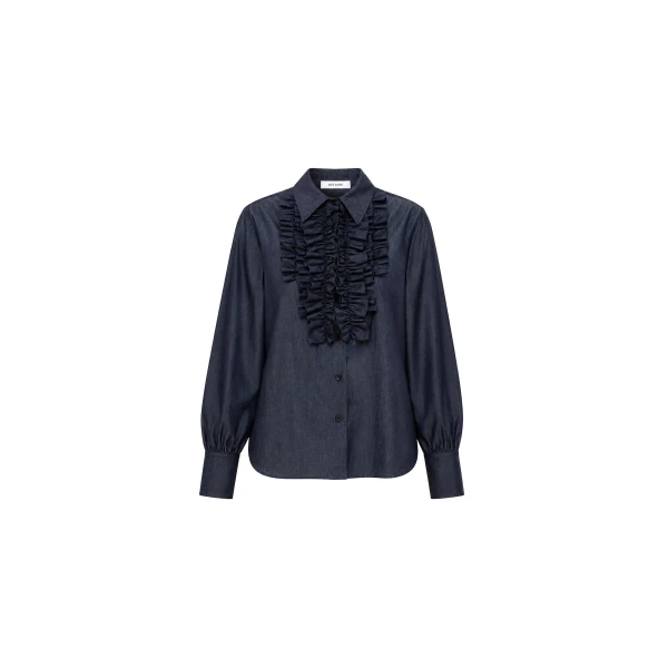 Ruffle-Trim Chambray Shirt in Indigo