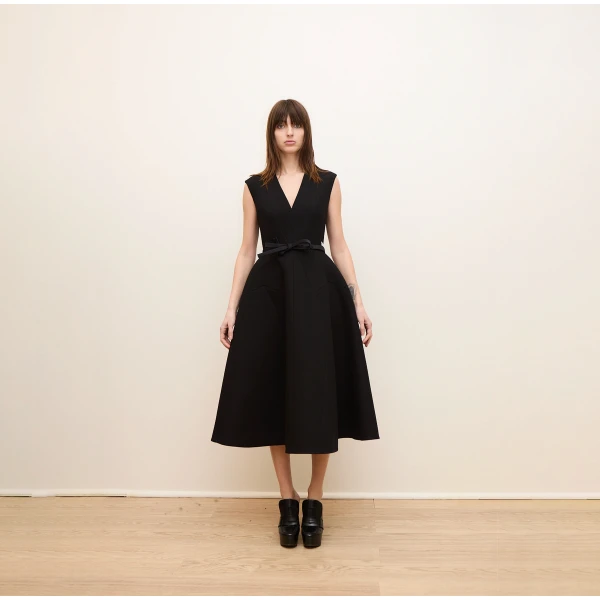 Dice Kayek Sculptural Sleeveless V-Neck Midi Dress in Black | Midi Dresses | Luxury Shoes 