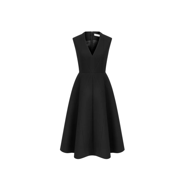 Sculptural Sleeveless V-Neck Midi Dress in Black