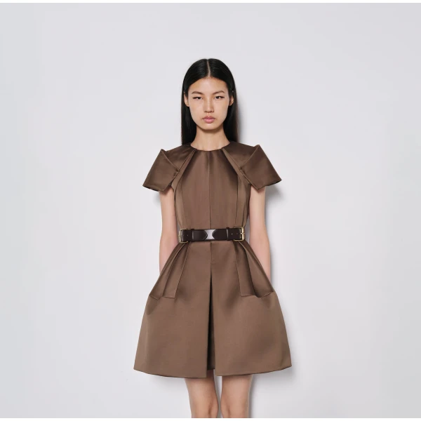 Dice Kayek Signature Sheen Mini Dress with a Belt in Tobacco | Mini Dresses | Luxury Shoes 
