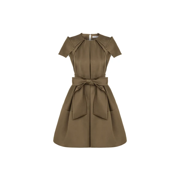 Dice Kayek Signature Sheen Mini Dress with a Belt in Tobacco | Mini Dresses | Luxury Shoes 