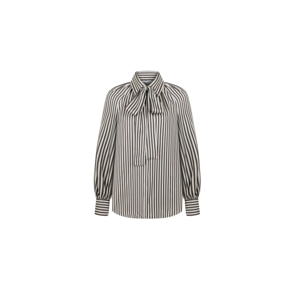Silk Blouse with Bow Tie in Brown Stripe