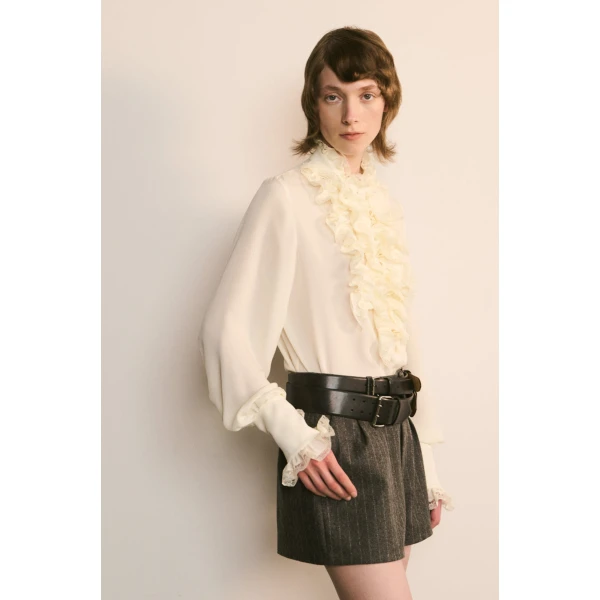 Dice Kayek Silk Ruffle Front Shirt in Off White | Shirts | Luxury Shoes 