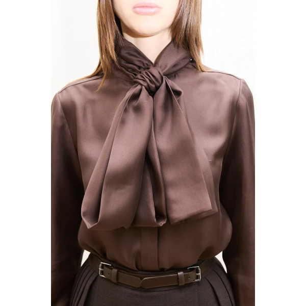 Dice Kayek Silk Tie Front Blouse in Brown | Blouse | Luxury Shoes 