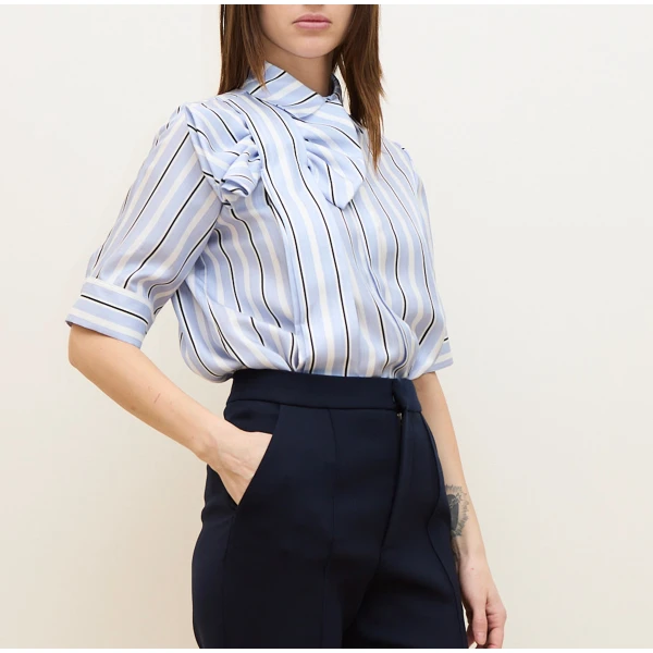 Dice Kayek Striped Bow Detail Short Sleeve Shirt in Blue Stripe | Shirts | Luxury Shoes 