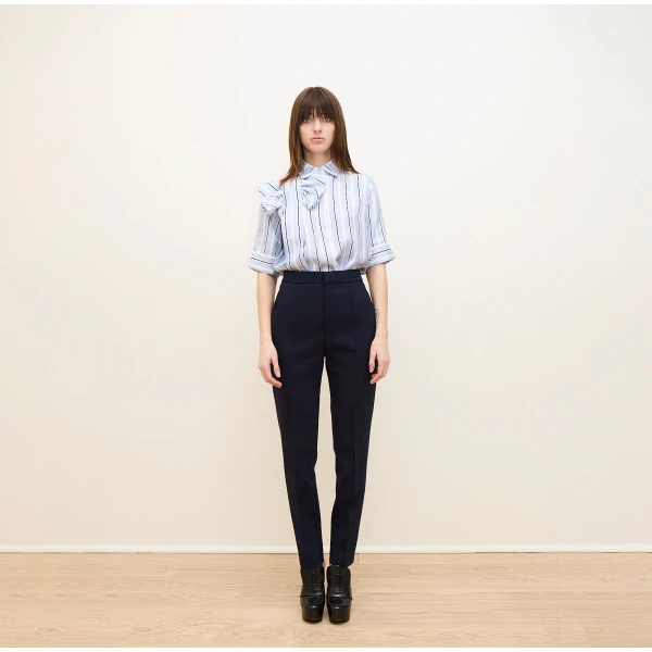 Dice Kayek Striped Bow Detail Short Sleeve Shirt in Blue Stripe | Shirts | Luxury Shoes 