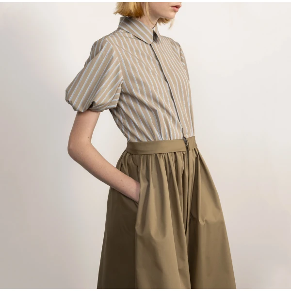 Dice Kayek Striped Cotton Shirt Dress with Sculptural Sleeves in Tobacco | Shirtdress | Luxury Shoes 