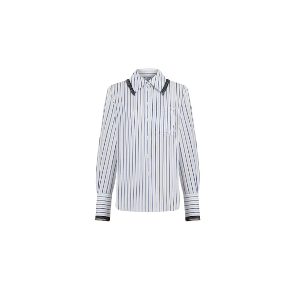 Striped Cotton Shirt with Tassel Collar in Blue Stripe