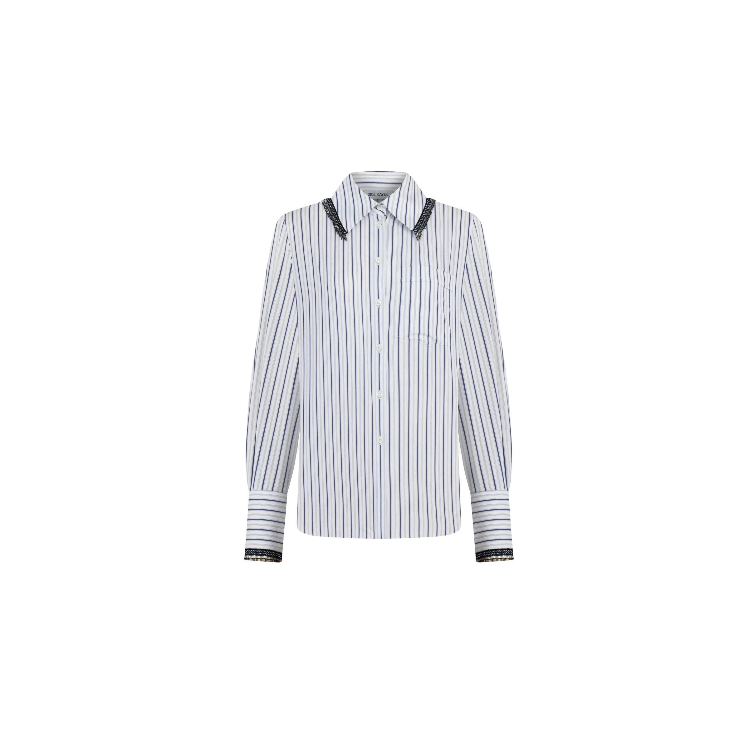 Dice Kayek Striped Cotton Shirt with Tassel Collar in Blue Stripe Dice Kayek Striped Cotton Shirt with Tassel Collar in Blue Stripe | Shirts | Luxury Shoes