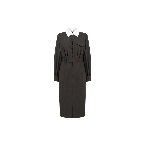 Wool Dress with Contrast Collar in Brown