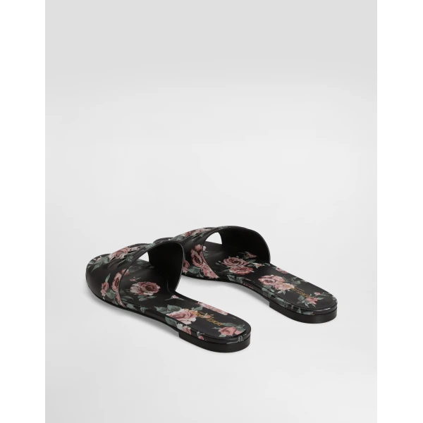 Multicolour Dolce & Gabbana Calfskin flat slippers with rose print, view 3 | Flip Flops & Slides
