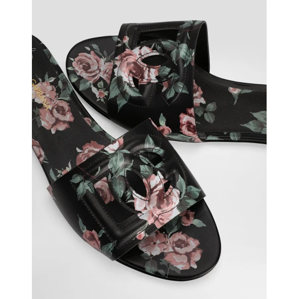 Multicolour Dolce & Gabbana Calfskin flat slippers with rose print, view 4 | Flip Flops & Slides