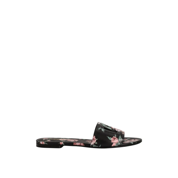 Multicolour Dolce & Gabbana Calfskin flat slippers with rose print | Flip Flops & Slides